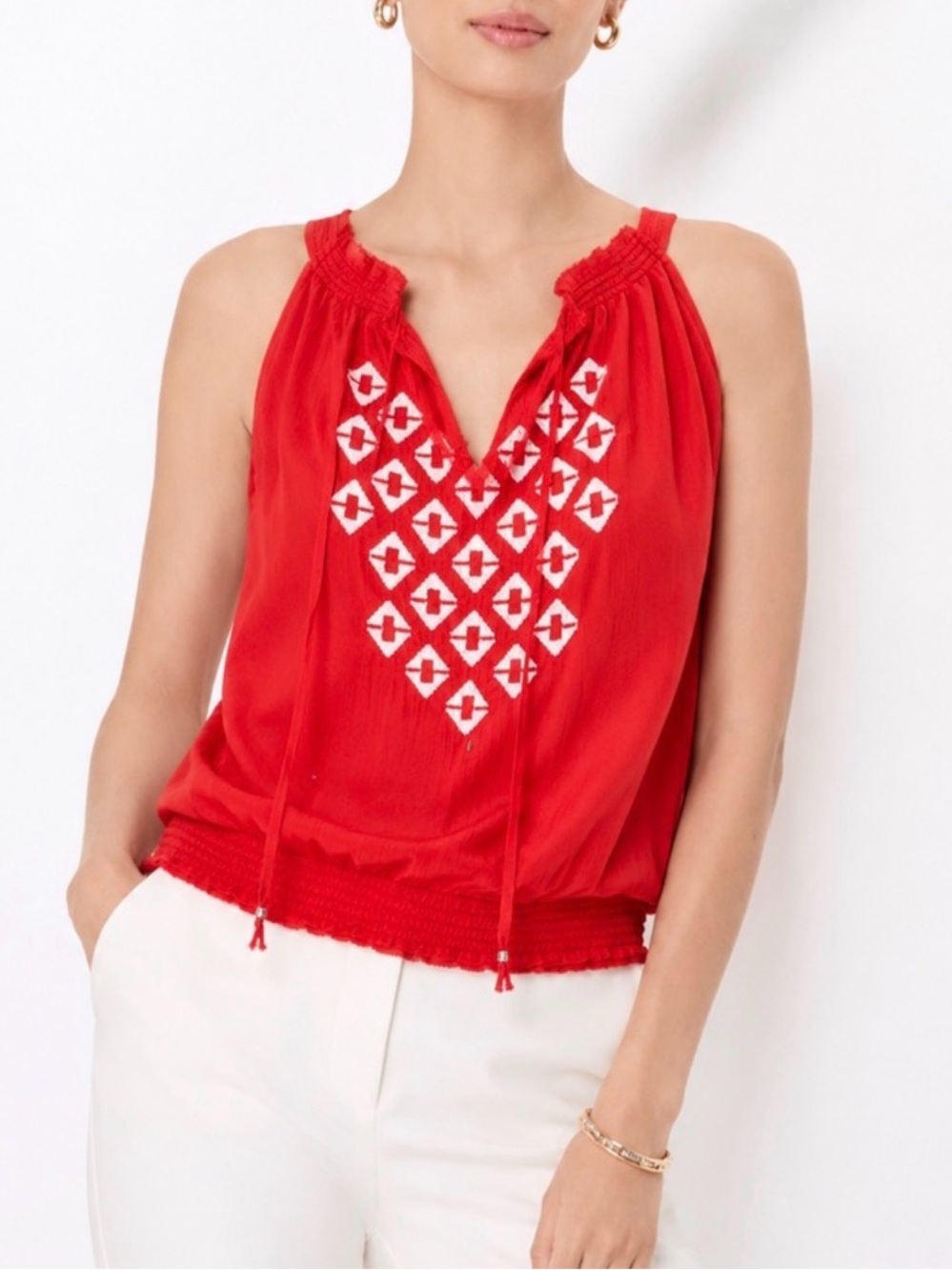 WHITE HOUSE BLACK MARKET Orange Red Embroidered Boho Tank Top Size Large